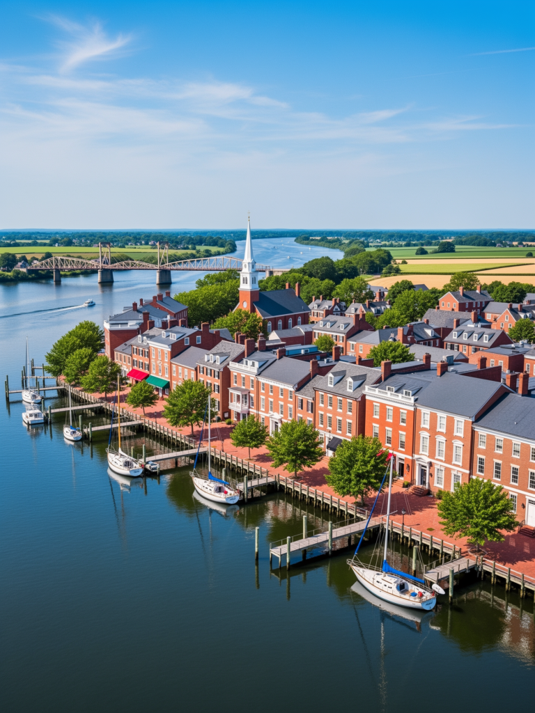 Aerial view of Chestertown Maryland waterfront along the Chester River on a sunny day with historic brick buildings and sailboats