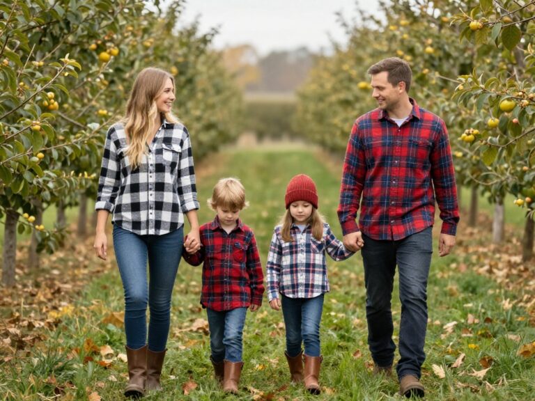 Delmarva family walking through an orchard during a day of apple picking